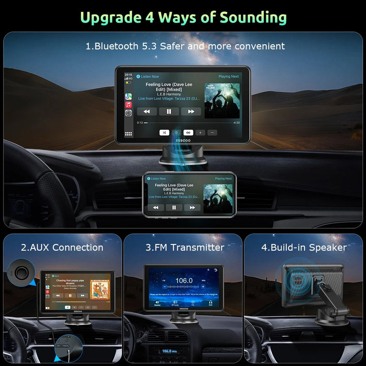 Bluetooth audio, AUX, FM and built-in speaker connection options
