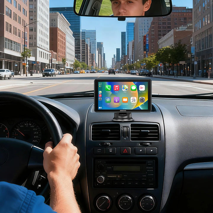 ESSGOO compact screen mounted on a dashboard; supplier installation illustration