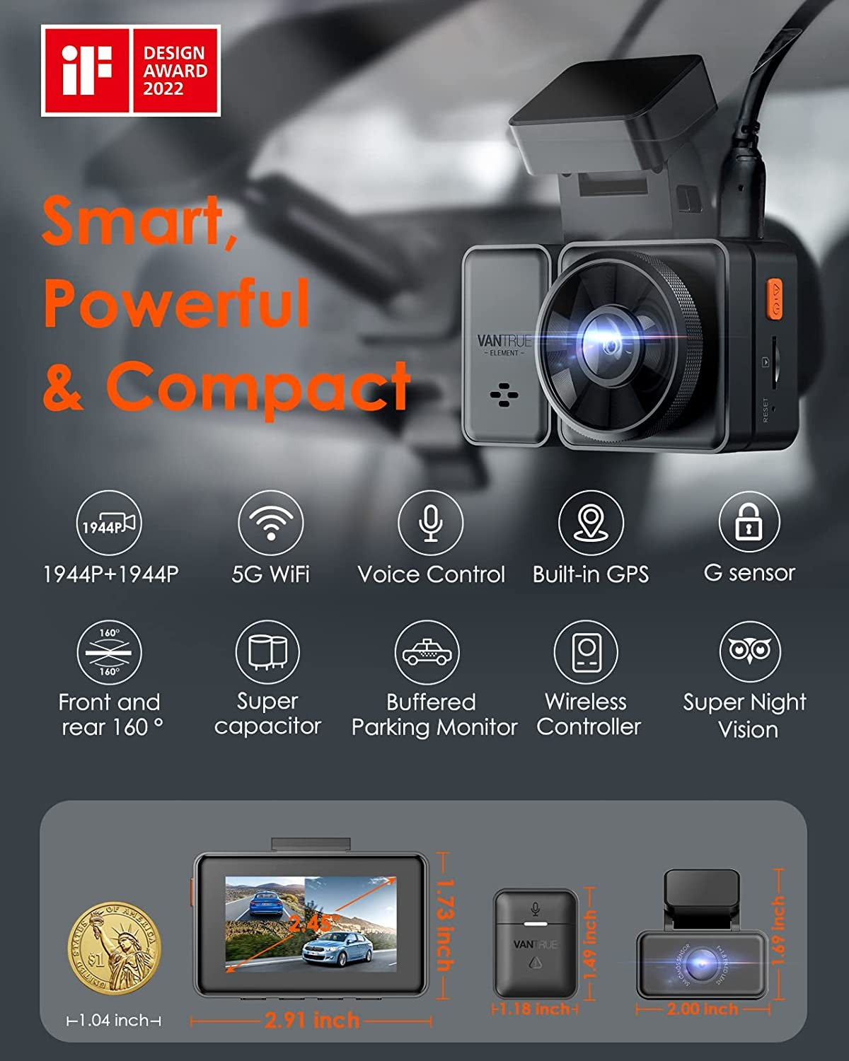 Vantrue E2 front and rear camera studio layout