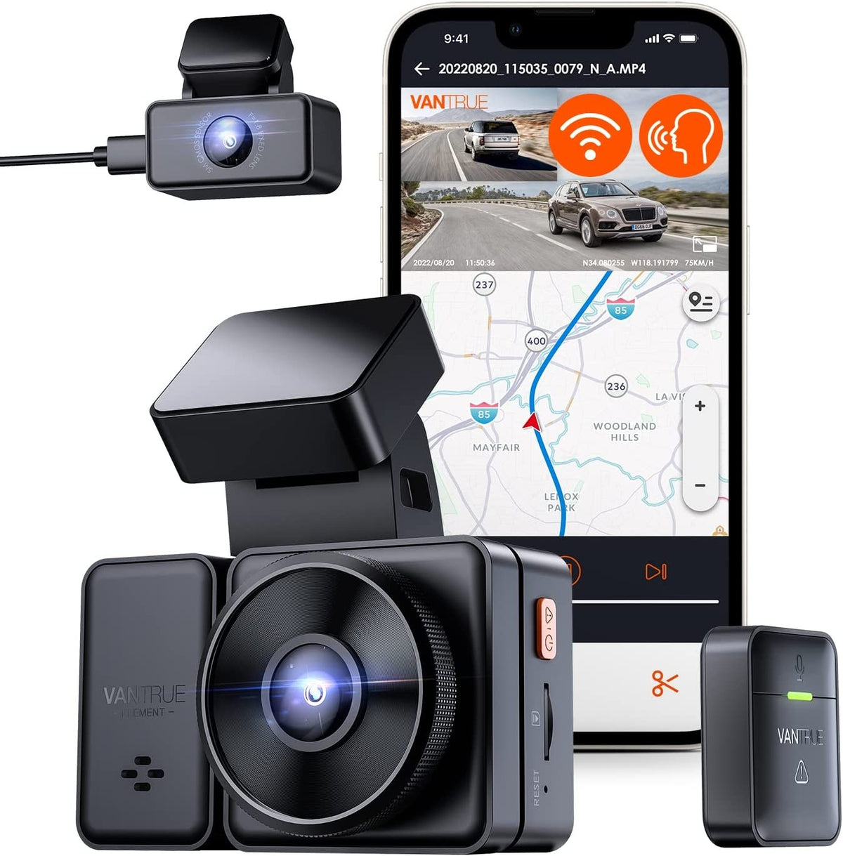 Vantrue E2 front camera, rear camera and remote with illustrative phone app