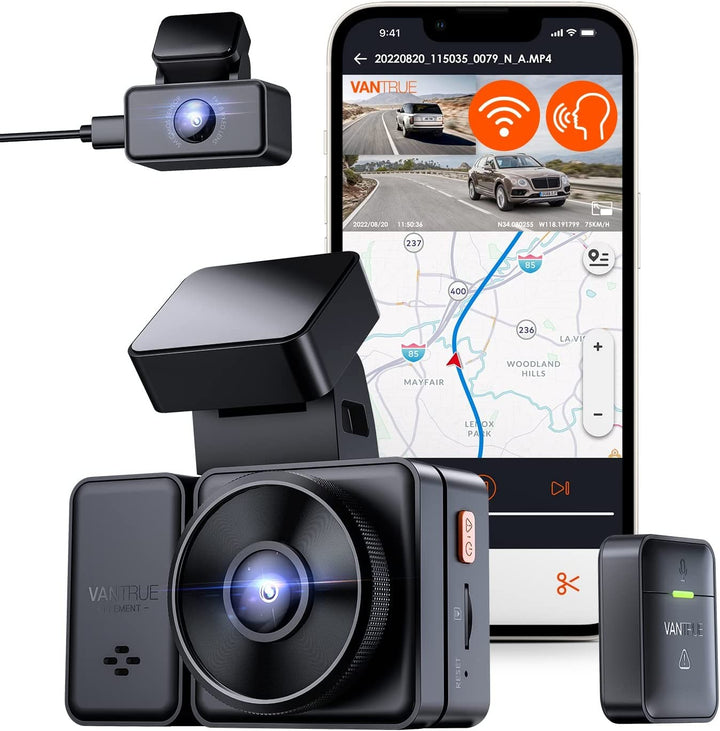 Vantrue E2 front camera, rear camera and remote with illustrative phone app