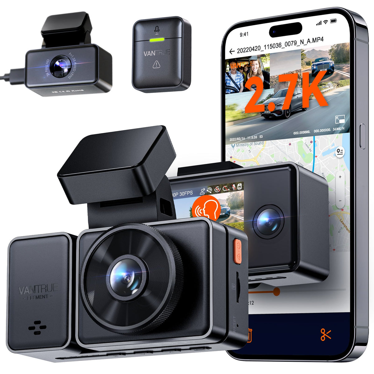 Vantrue E3 camera and rear camera studio layout