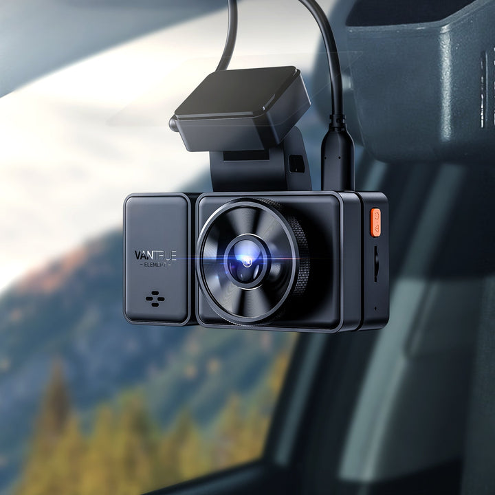 Vantrue E3 main unit mounted beside the rear-view mirror