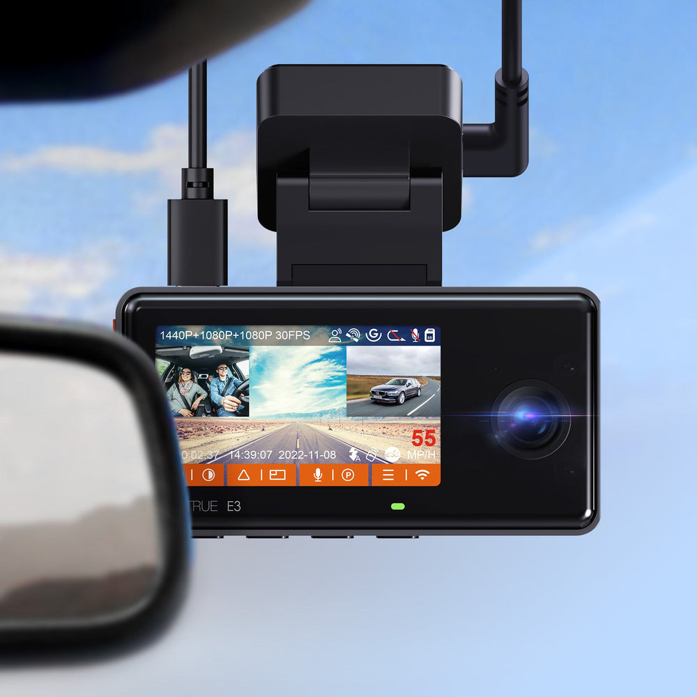 Vantrue E3 rear-facing controls and screen on its windscreen mount