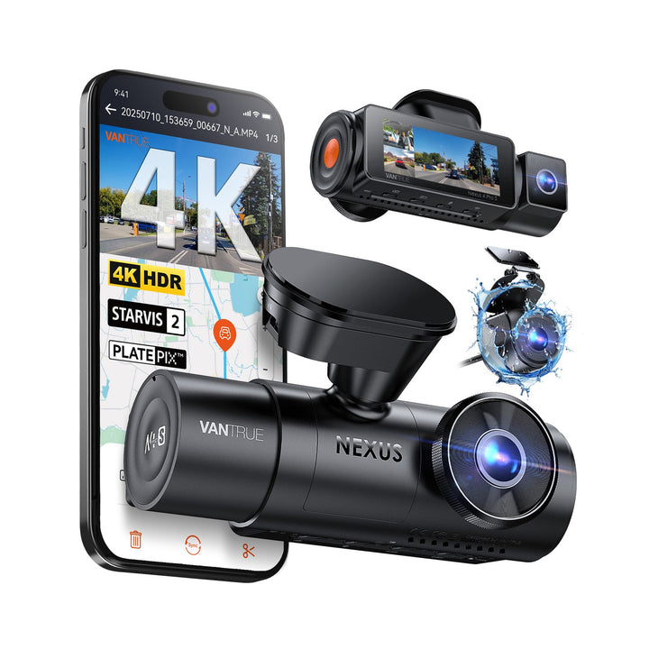 Vantrue N4 Pro S main and rear camera system with illustrative phone app