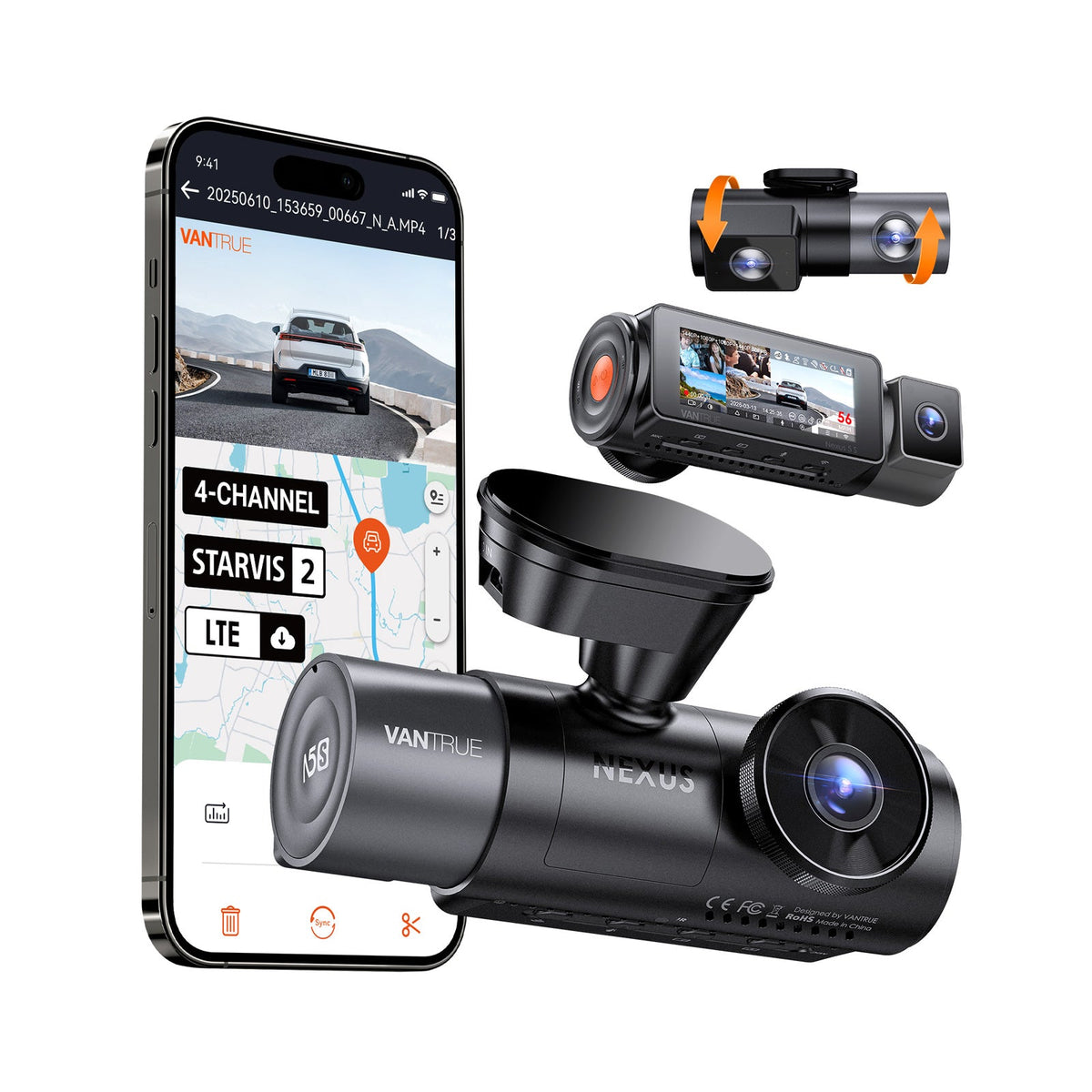 Vantrue N5S main and rear camera units with illustrative phone app