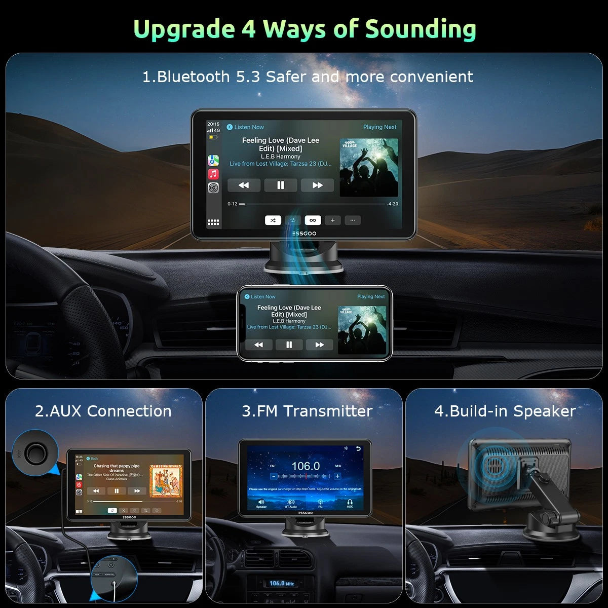 Bluetooth audio, AUX, FM and built-in speaker connection options