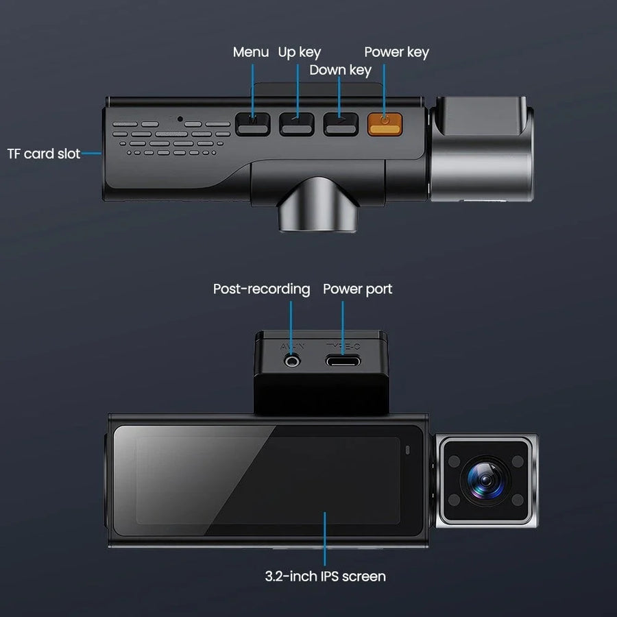 Dash cam display, buttons, memory-card slot and connections
