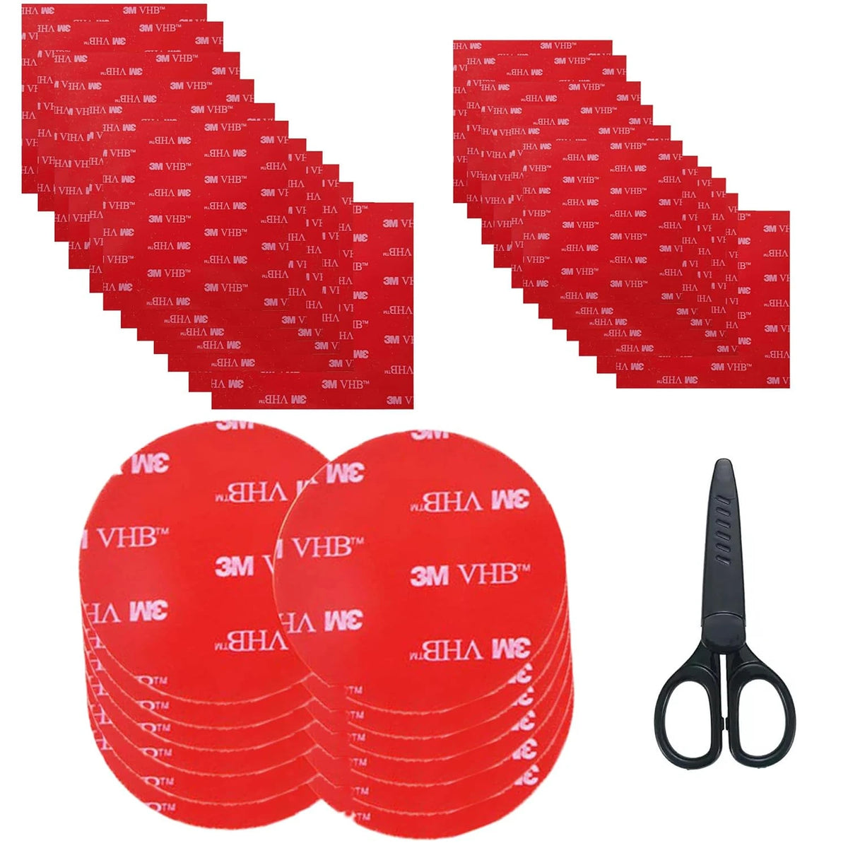 36 square and round mounting pads; scissors pictured are not confirmed included
