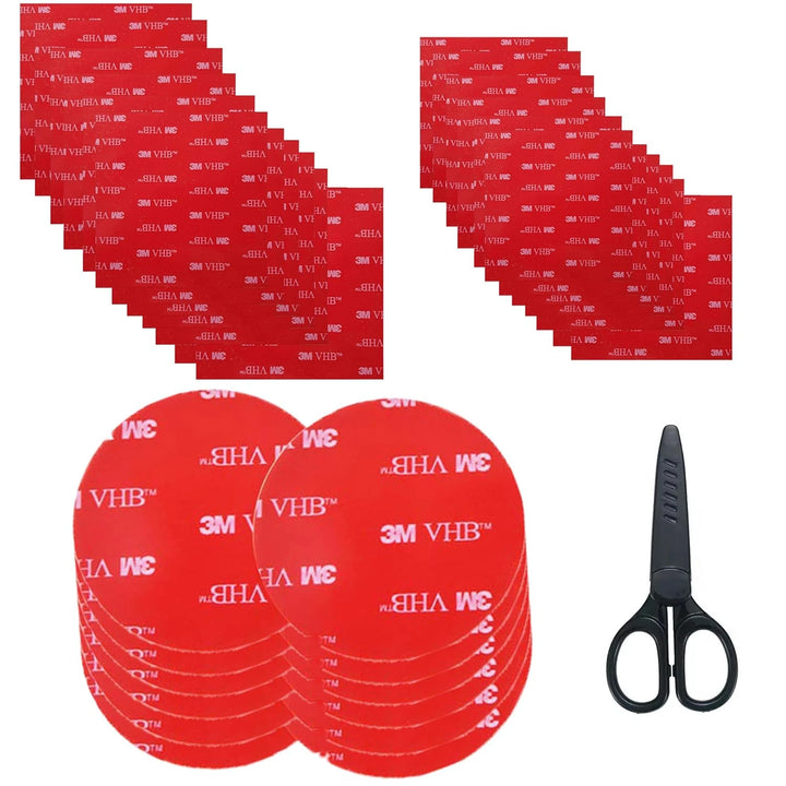 36 square and round mounting pads; scissors pictured are not confirmed included