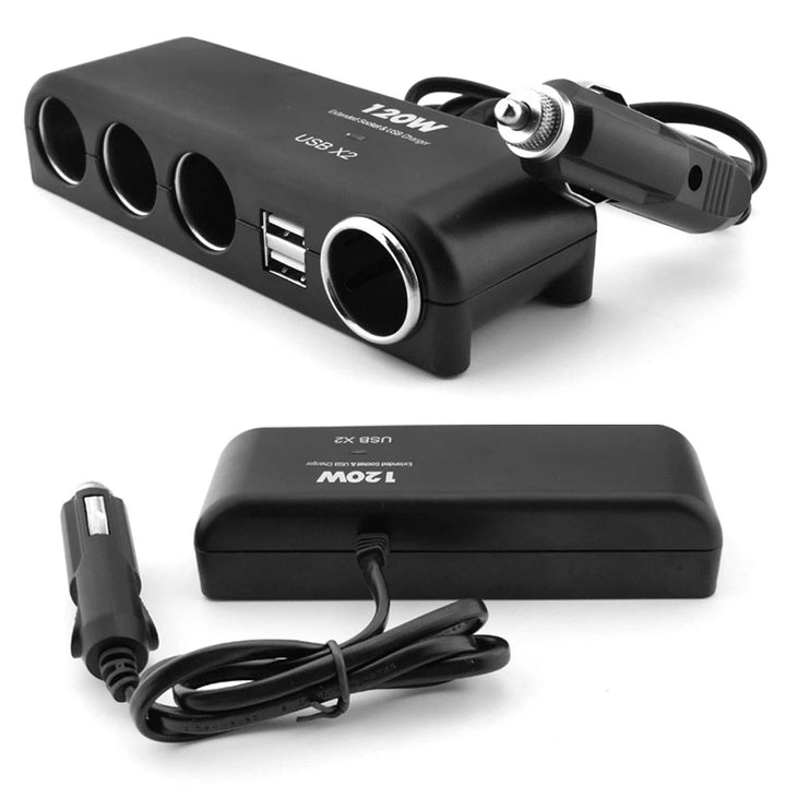 Four-socket splitter with two USB ports and attached lead
