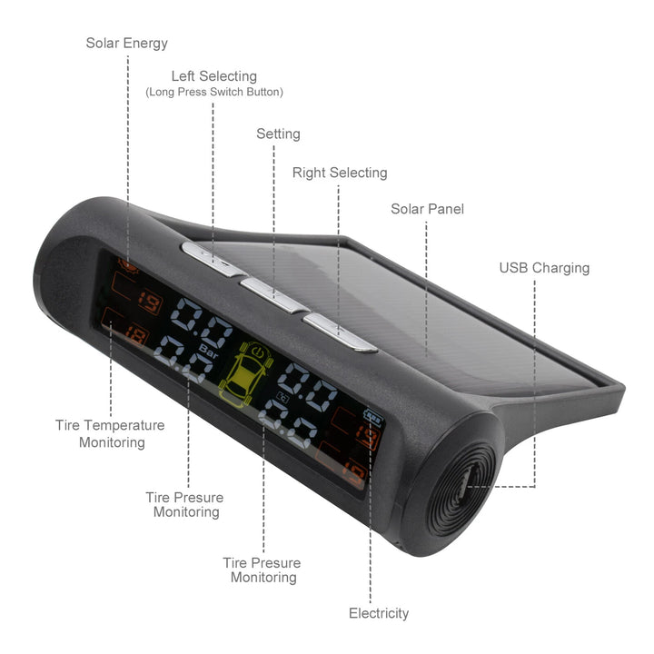 Tyre monitor buttons, solar panel and charging connection