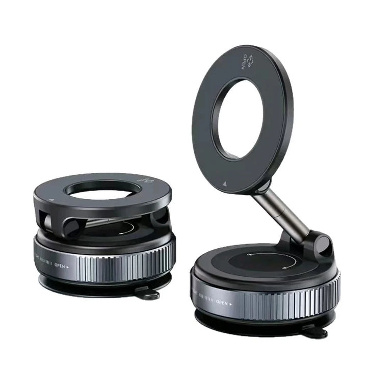 Folding magnetic phone holder shown open and folded