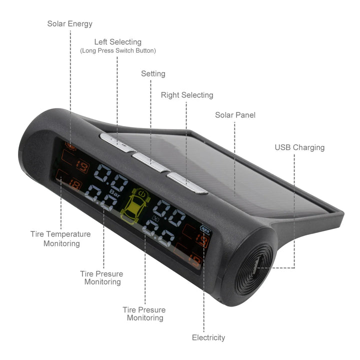 Tyre monitor buttons, solar panel and charging connection