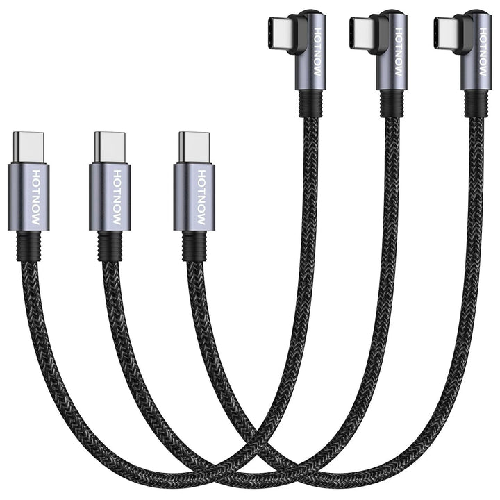 Three short braided USB-C cables with right-angle ends