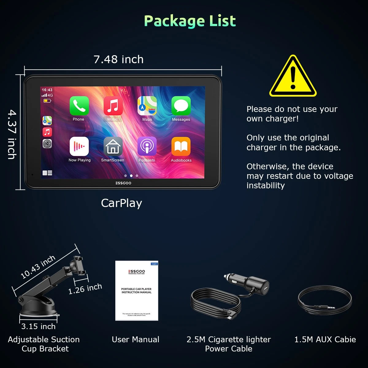Display, adjustable mount, vehicle power lead, AUX cable and manual; rear camera shown separately