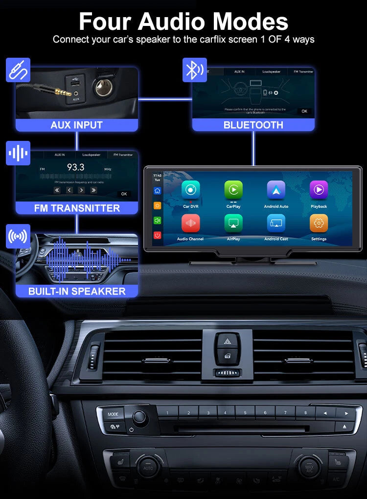 Bluetooth, AUX, FM and built-in speaker audio options