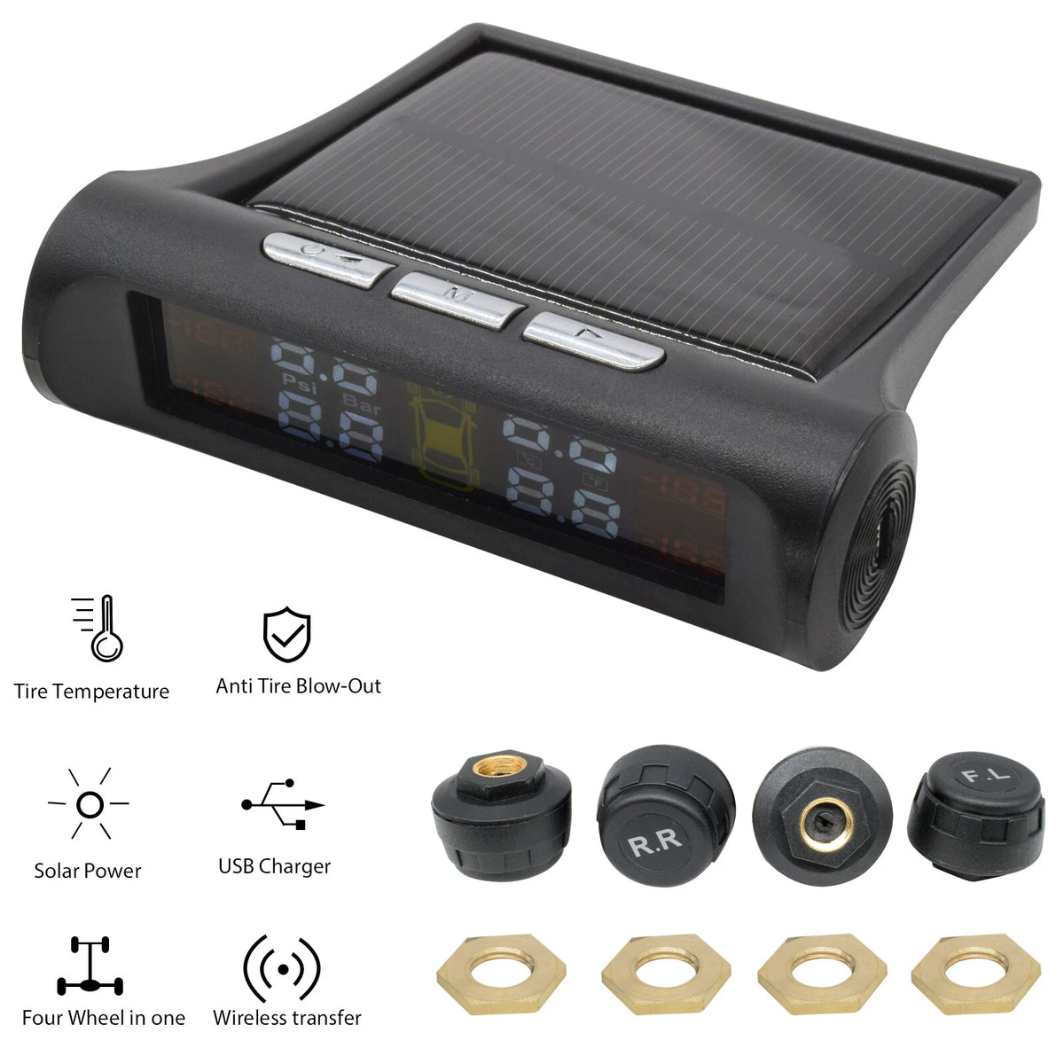 Tyre monitor with four external sensors and locking nuts