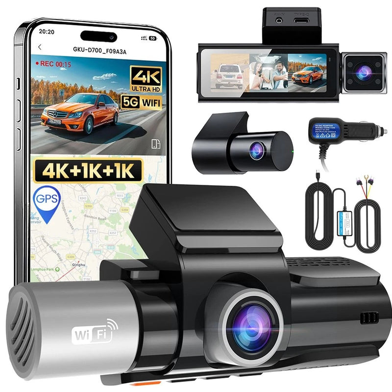 4K 3-Channel Wi-Fi & GPS Dash Cam with Parking Hardwire Kit