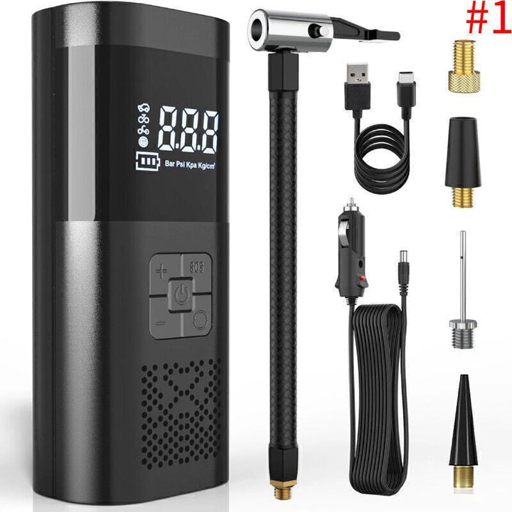 Selected Cordless #1 inflator with hose, nozzles, USB-C cable and vehicle cable