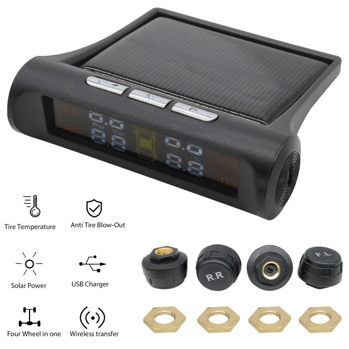 Tyre monitor with four external sensors and locking nuts