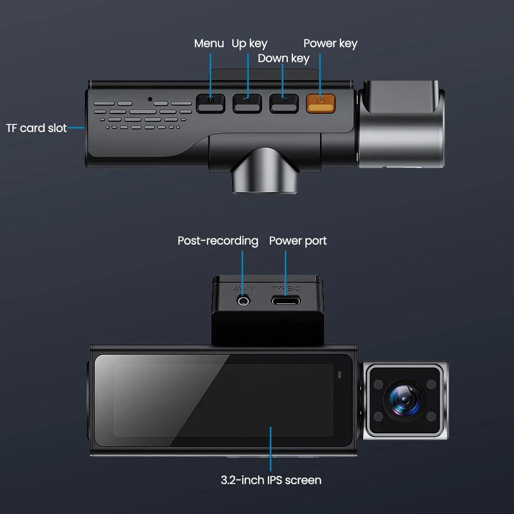Dash cam display, buttons, memory-card slot and connections