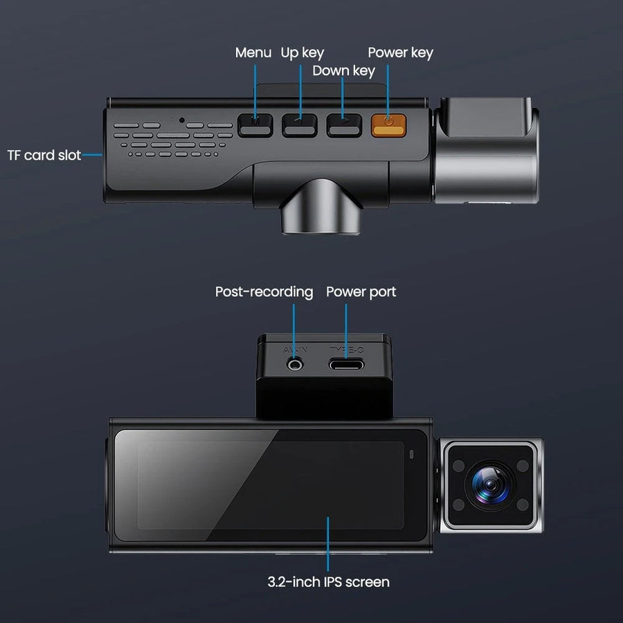 Dash cam display, buttons, memory-card slot and connections