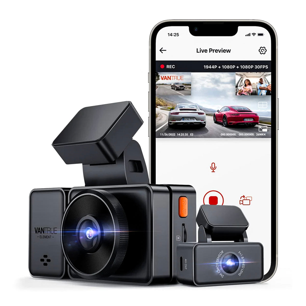 Vantrue E3 front, cabin and rear camera components with illustrative phone app