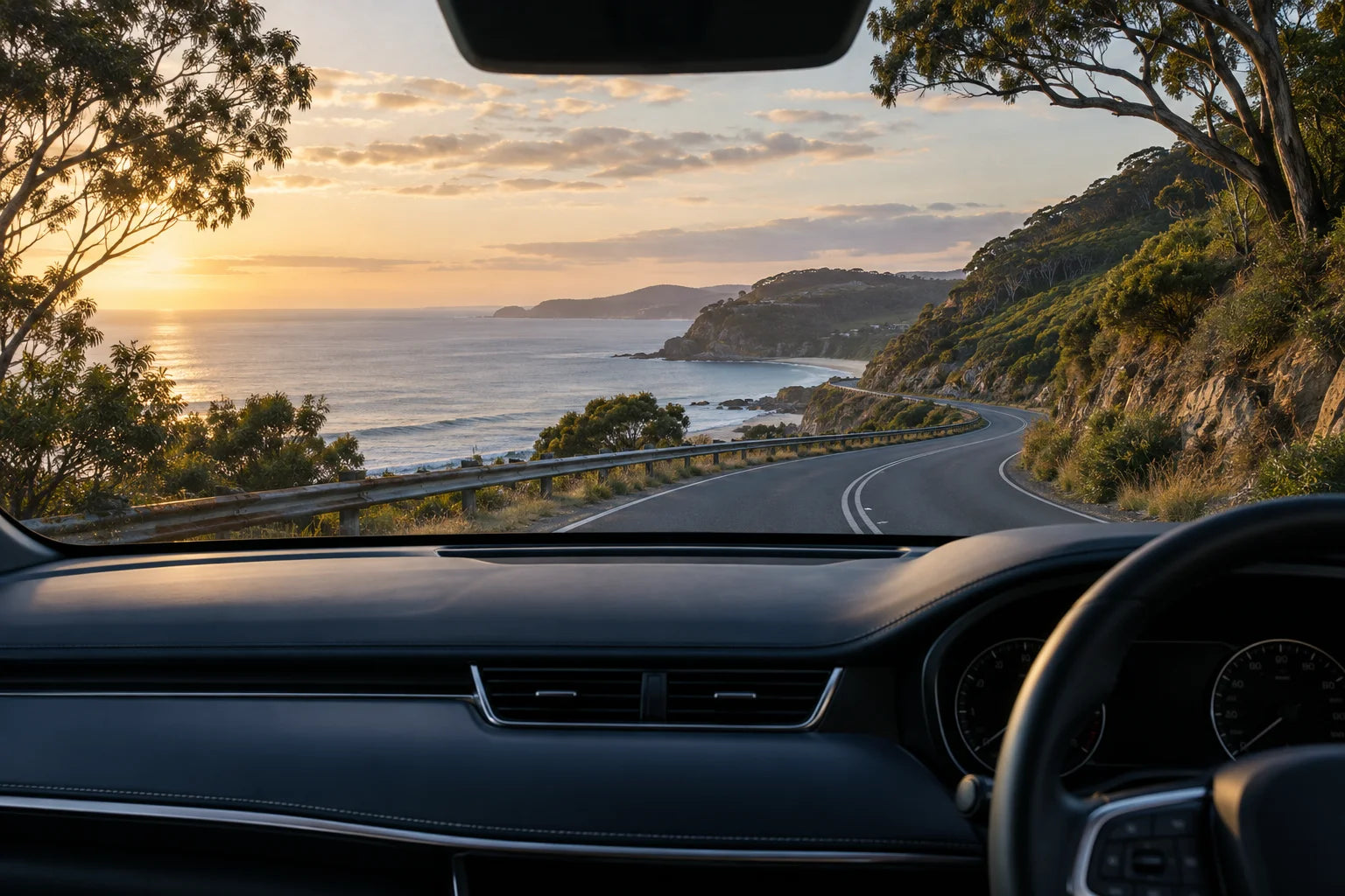 Coastal road seen through a right-hand-drive car windscreen